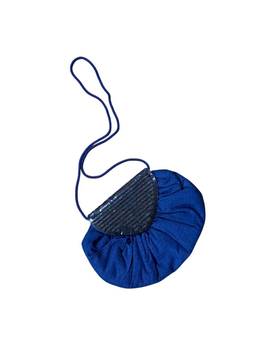 Vintage Purse 80s J Renee Blue Sequin Fabric Shoulder Bag Rope Strap Hong Kong